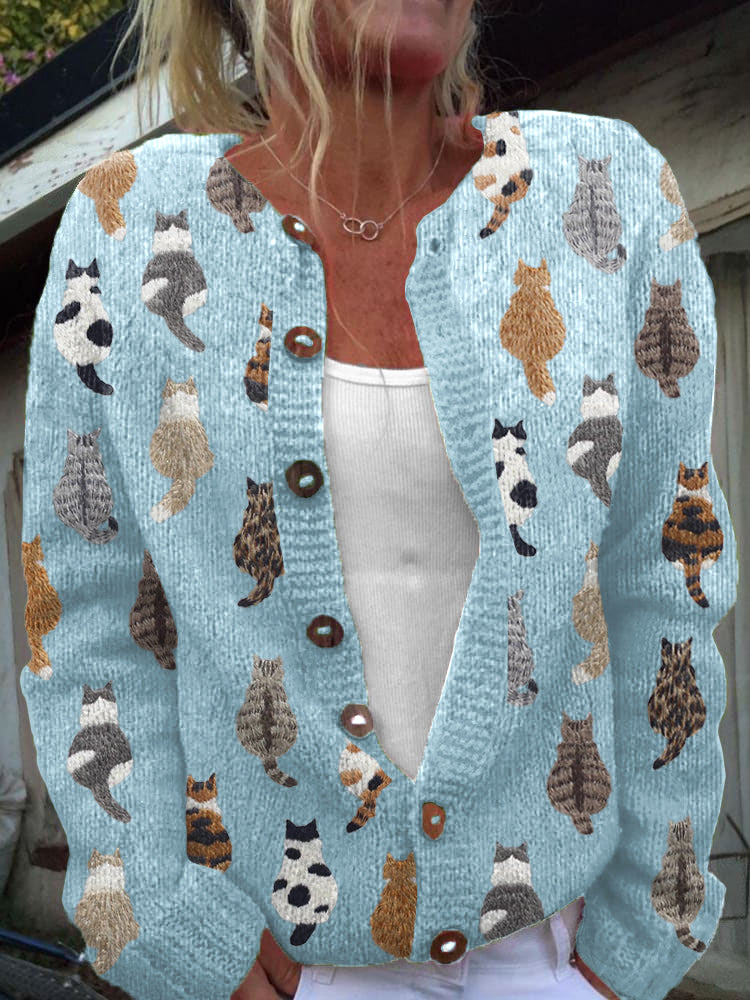 Rós | Cat Print Cardigan with Wooden-Effect Buttons