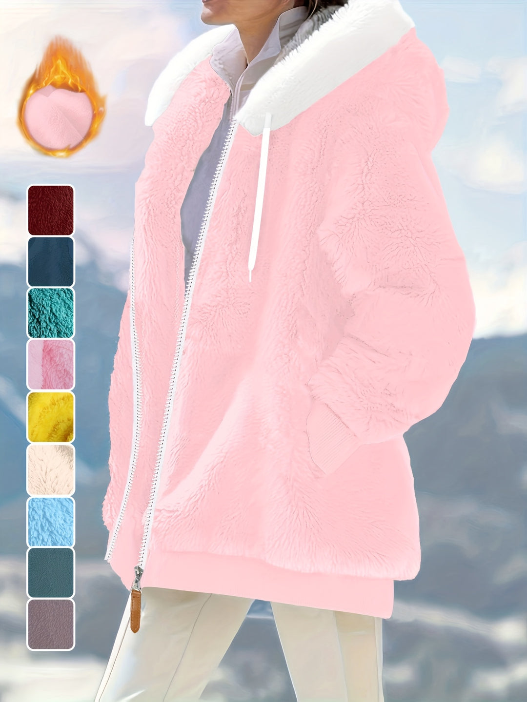Women's Plus Size Oversized Sherpa Fleece Zip Up Hoodie Jacket 3