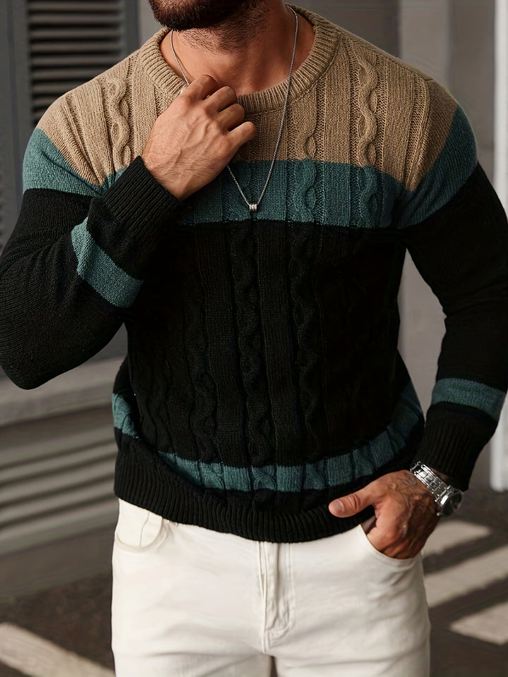 Men's Colour Block Cable Knit Aran Jumper 5