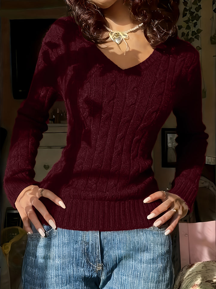 Women's Fitted V Neck Cable Aran Jumper 3