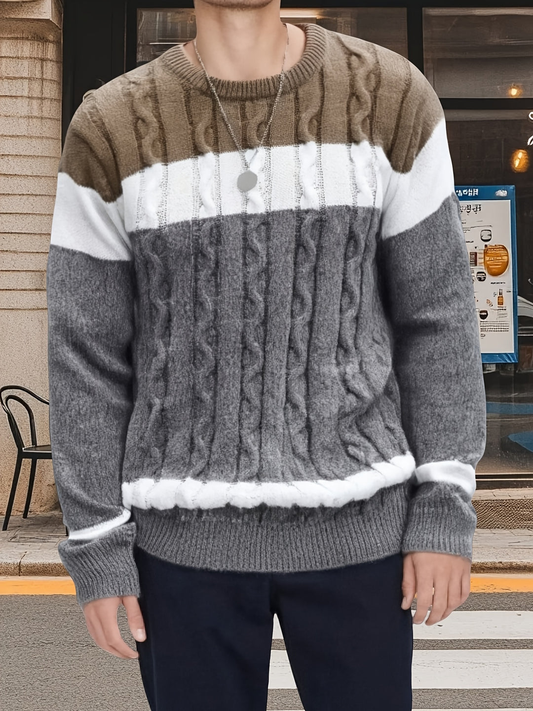 Men's Three Tone Colour Block Cable Aran Jumper 7