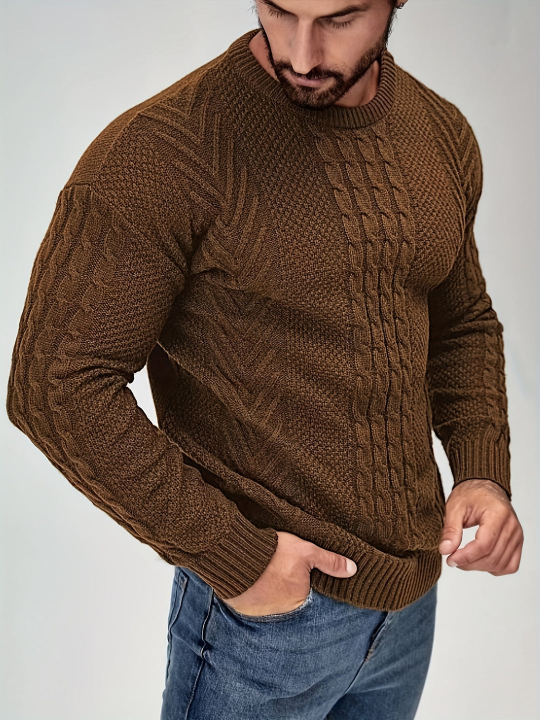 Men's Crew Neck Cable Panel Aran Jumper 3