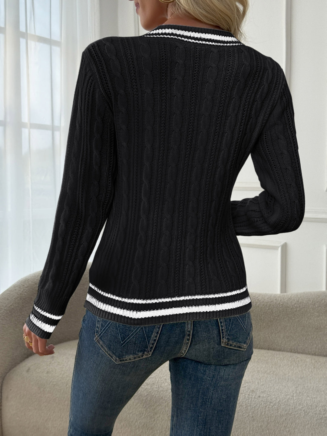 Women's Striped Trim V Neck Aran Jumper 8