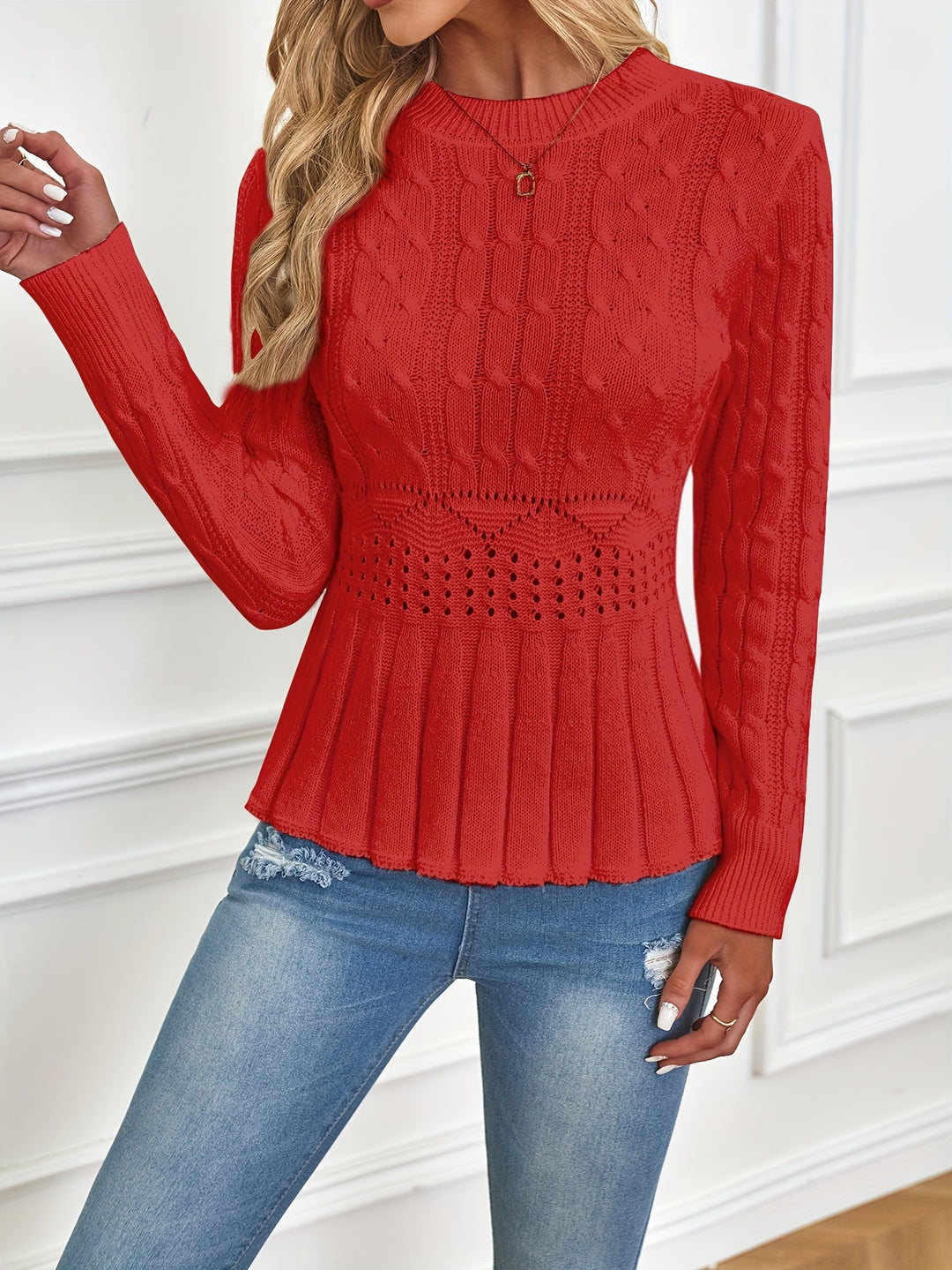 Women's Cable Knit Peplum Aran Jumper 10