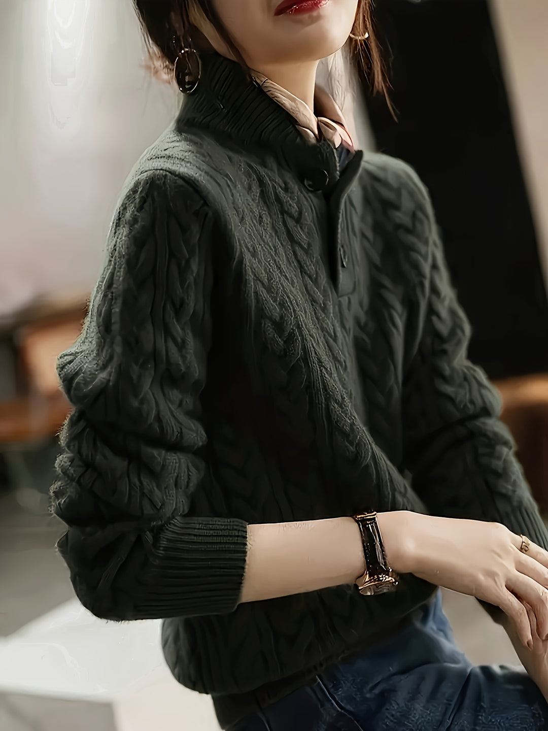 Women's Cable Knit Collared Aran Jumper 7