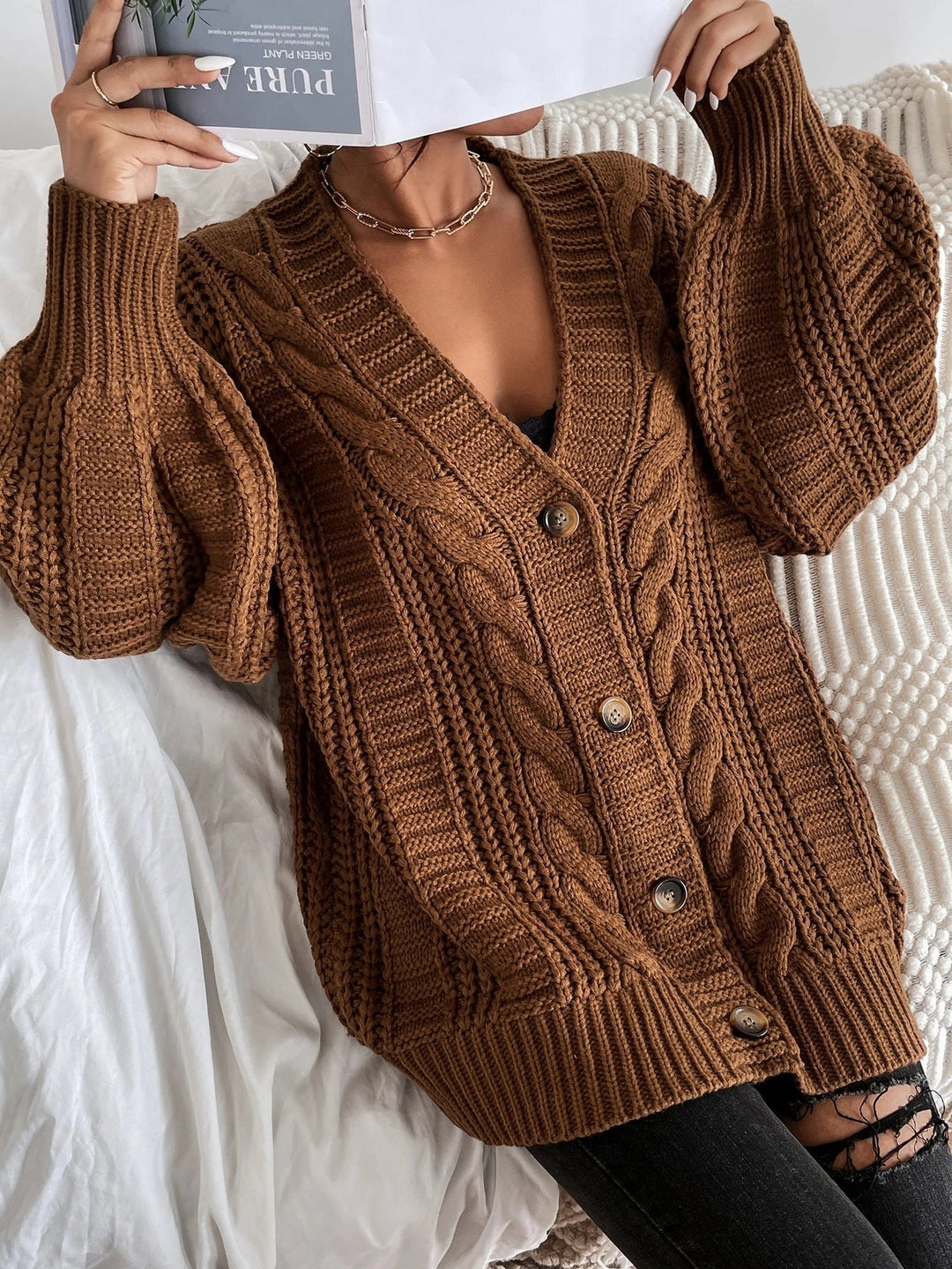 Women's Chunky Cable Knit Oversized Aran Cardigan 3