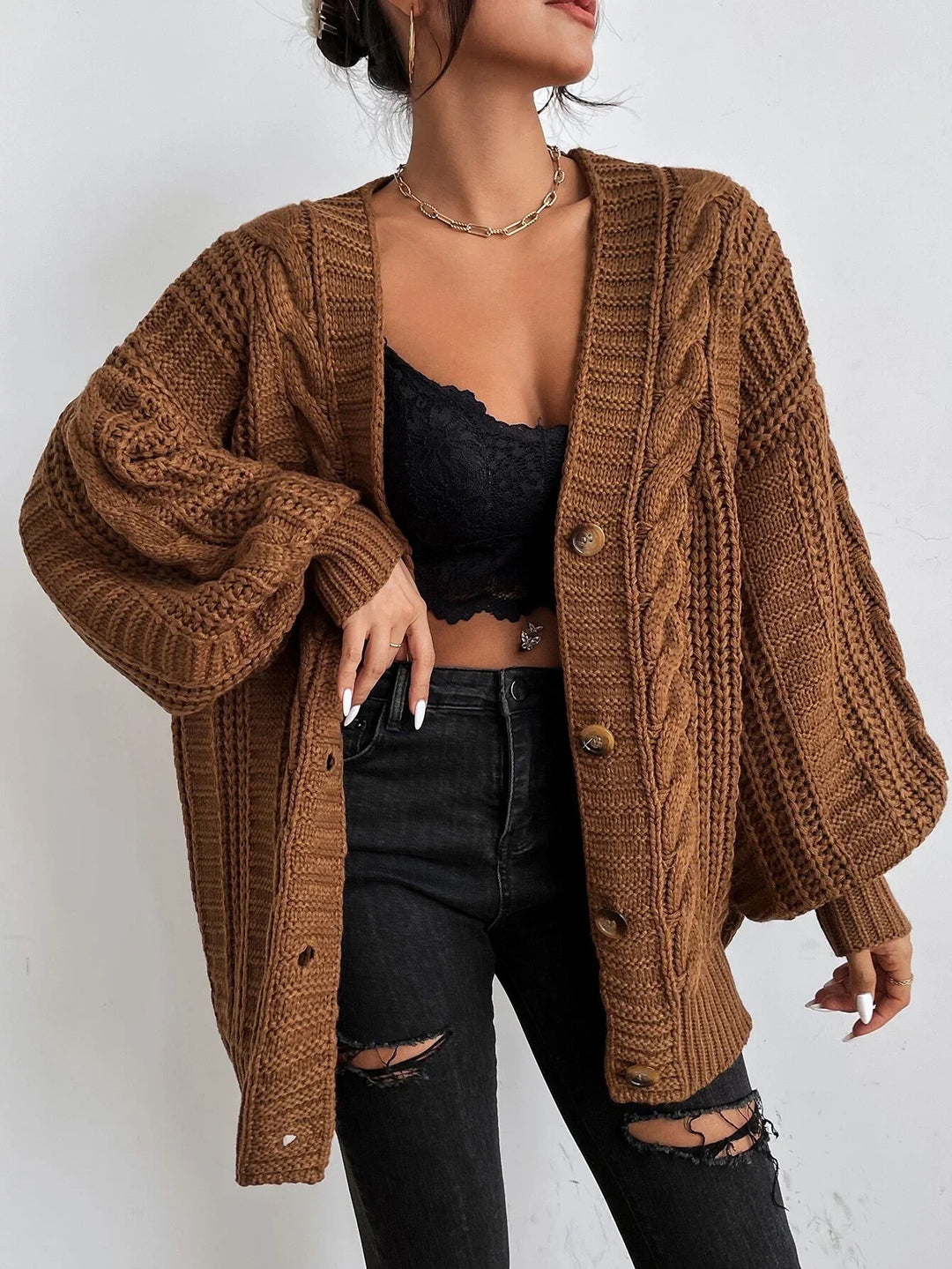 Women's Chunky Cable Knit Oversized Aran Cardigan 1