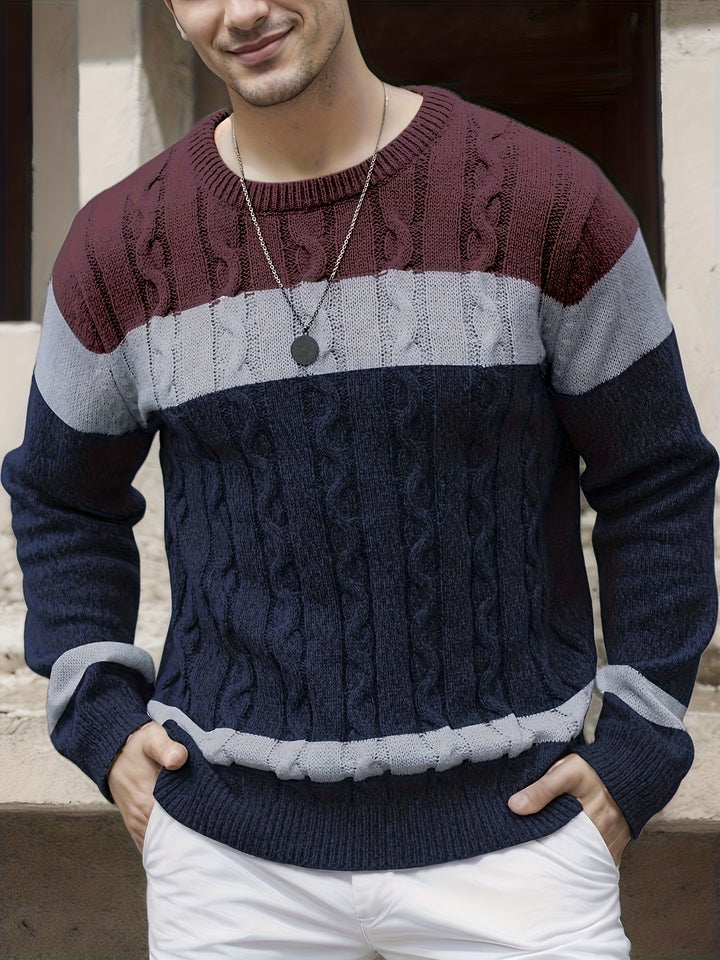 Men's Colour Block Crew Neck Cable Aran Jumper 7
