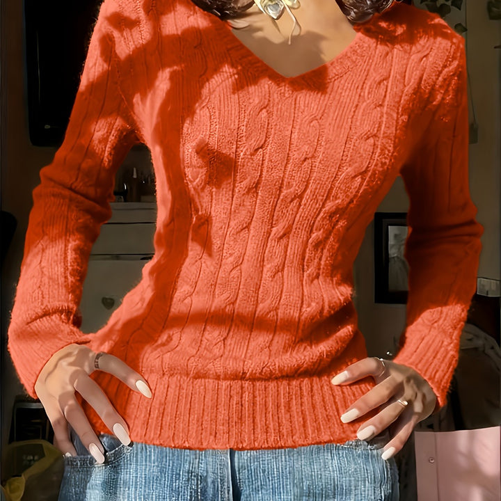 Women's Fitted V Neck Cable Aran Jumper 16