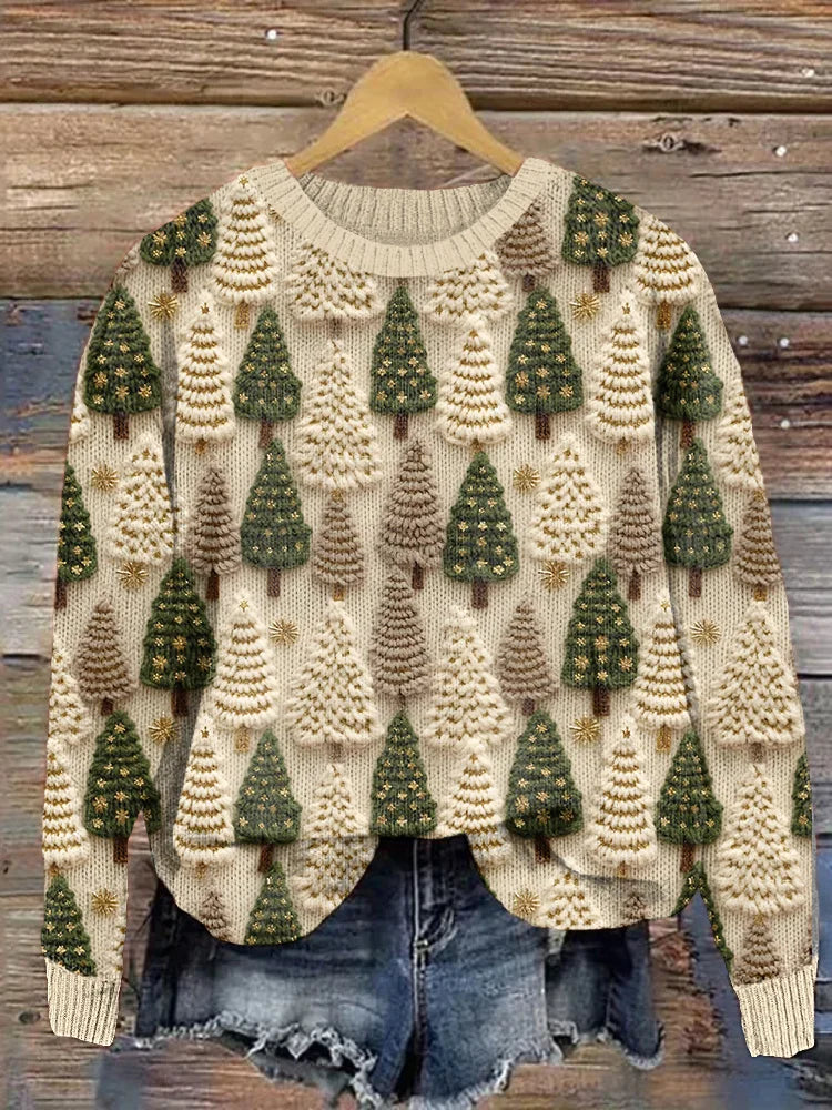 Women's Tree Print Christmas Jumper - Beige