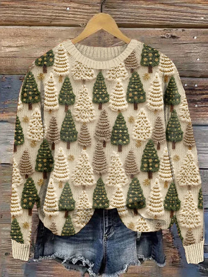 Women's Tree Print Christmas Jumper - Beige