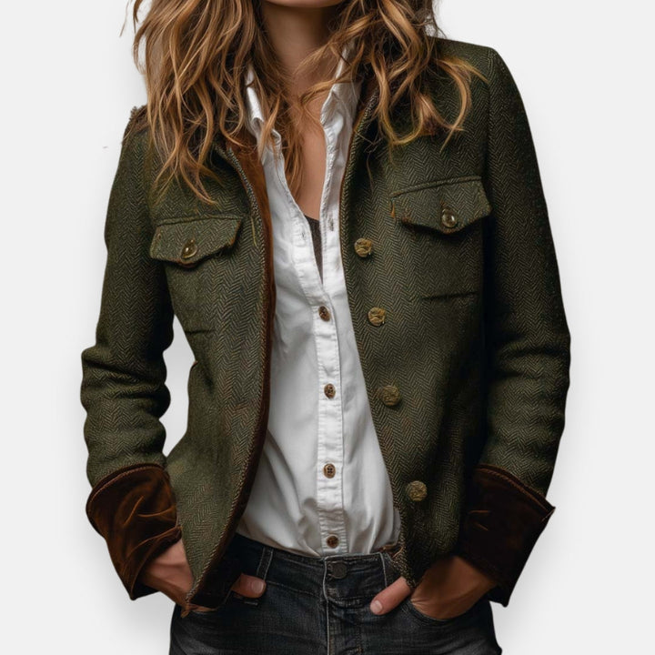 Cairech | Herringbone Blazer with Velvet Cuff Trim