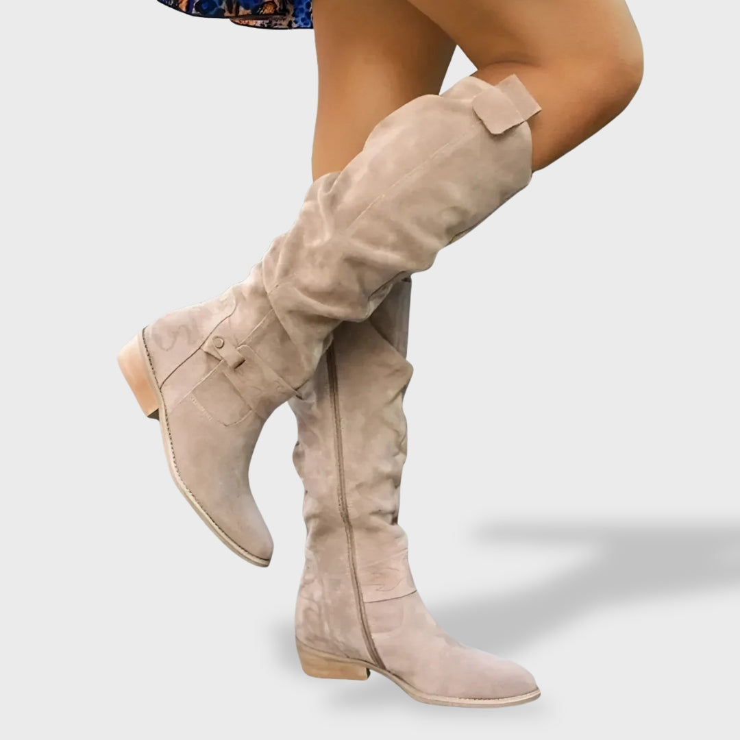 Women's Leather Slouch Knee High Heel Boots - Beige