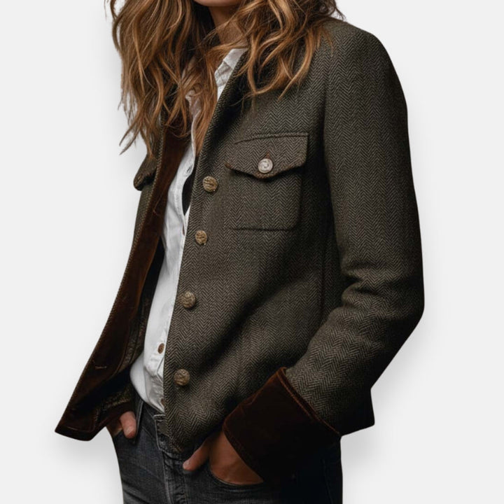Cairech | Herringbone Blazer with Velvet Cuff Trim