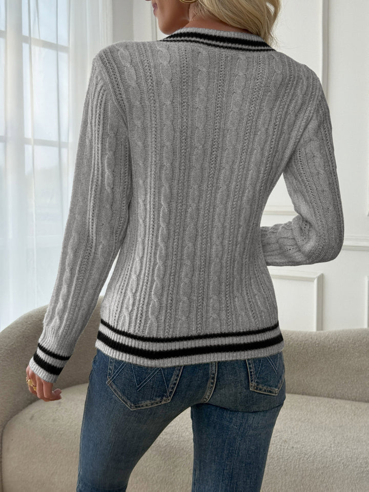 Women's Striped Trim V Neck Aran Jumper 6