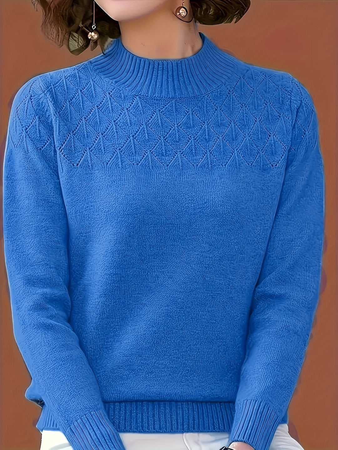 Women's Mock Neck Diamond Knit Aran Jumper 3