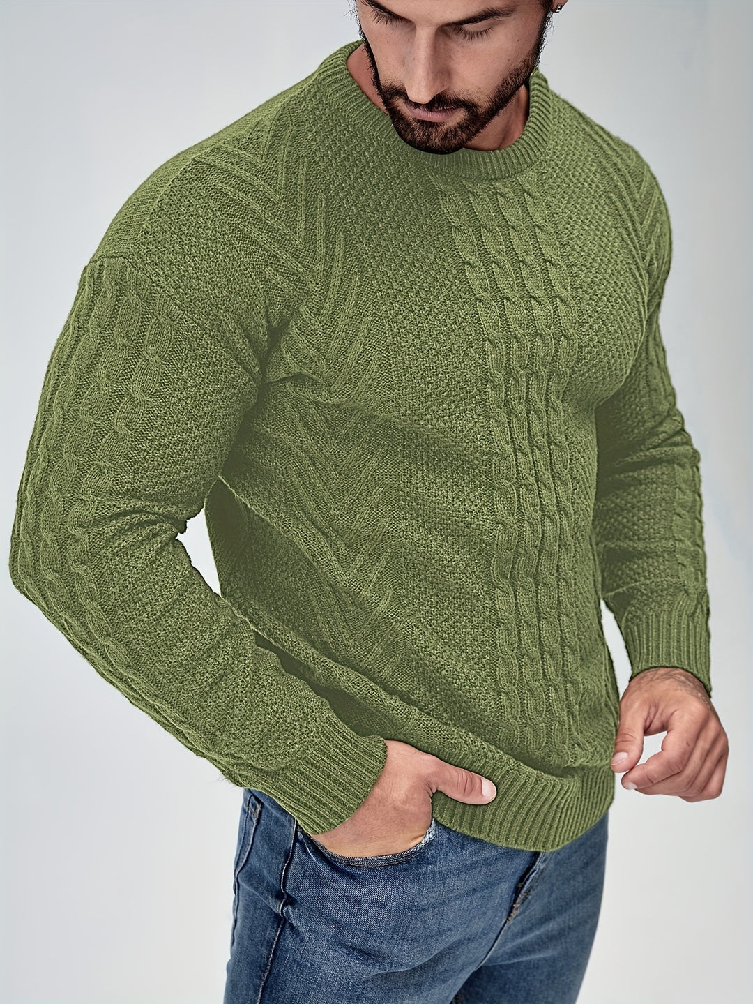 Men's Crew Neck Cable Panel Aran Jumper 7