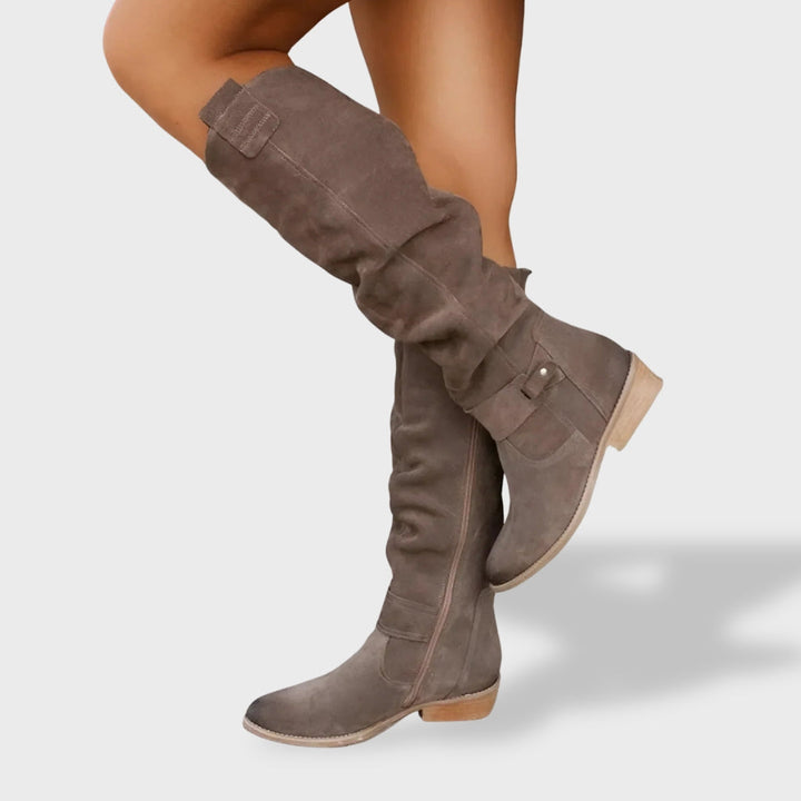 Women's Leather Slouch Knee High Heel Boots - Brown