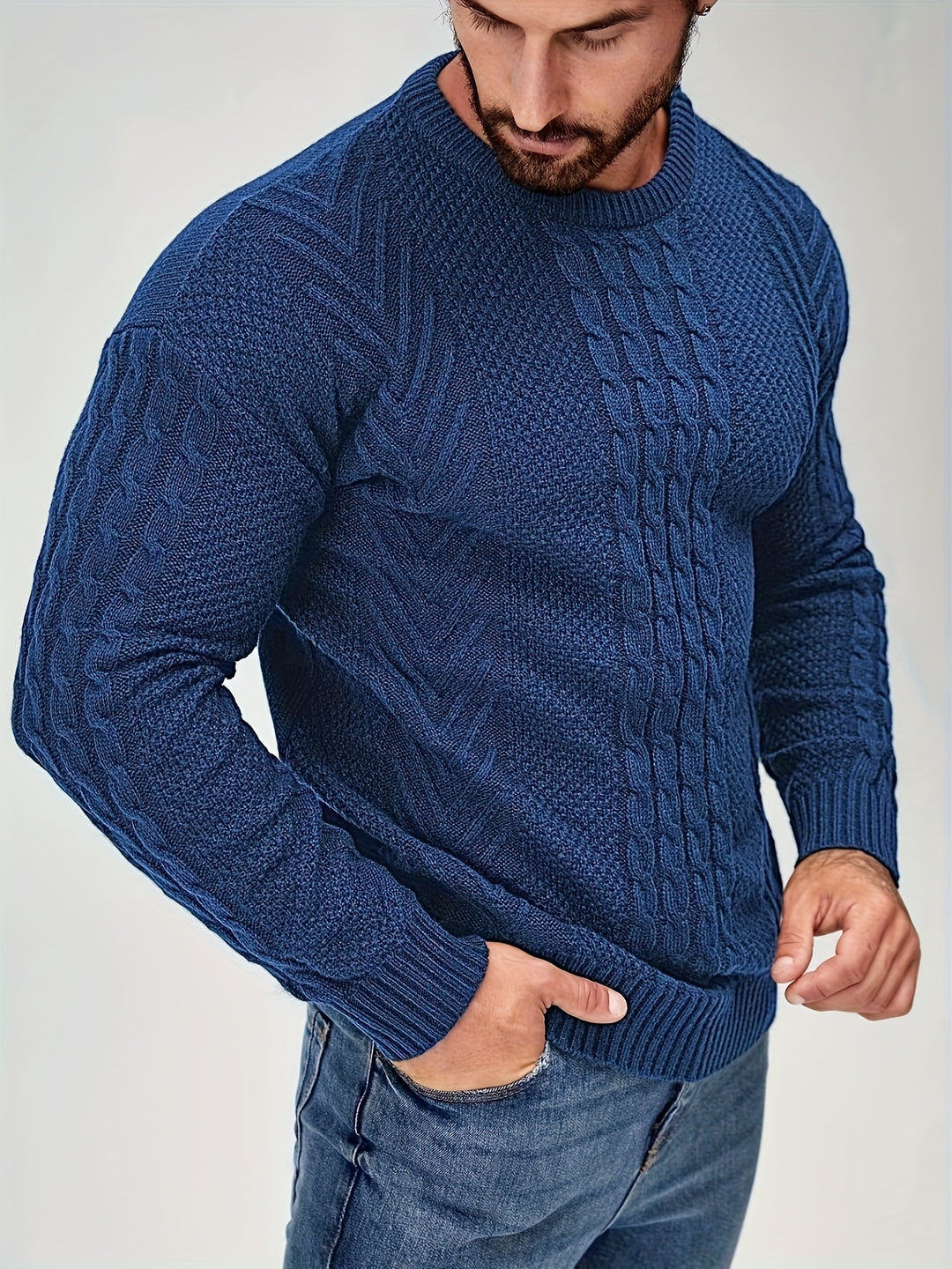Men's Crew Neck Cable Panel Aran Jumper 1