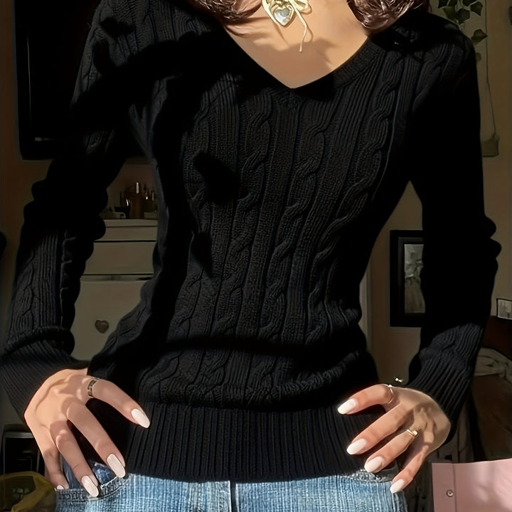 Women's Fitted V Neck Cable Aran Jumper 14