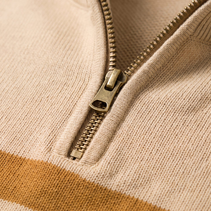 Men's Colour Block Quarter Zip Jumper - Brown Cream