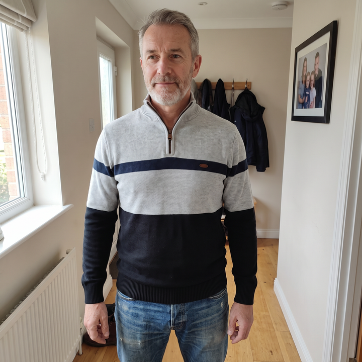 Men's Colour Block Quarter Zip Jumper - Grey Navy