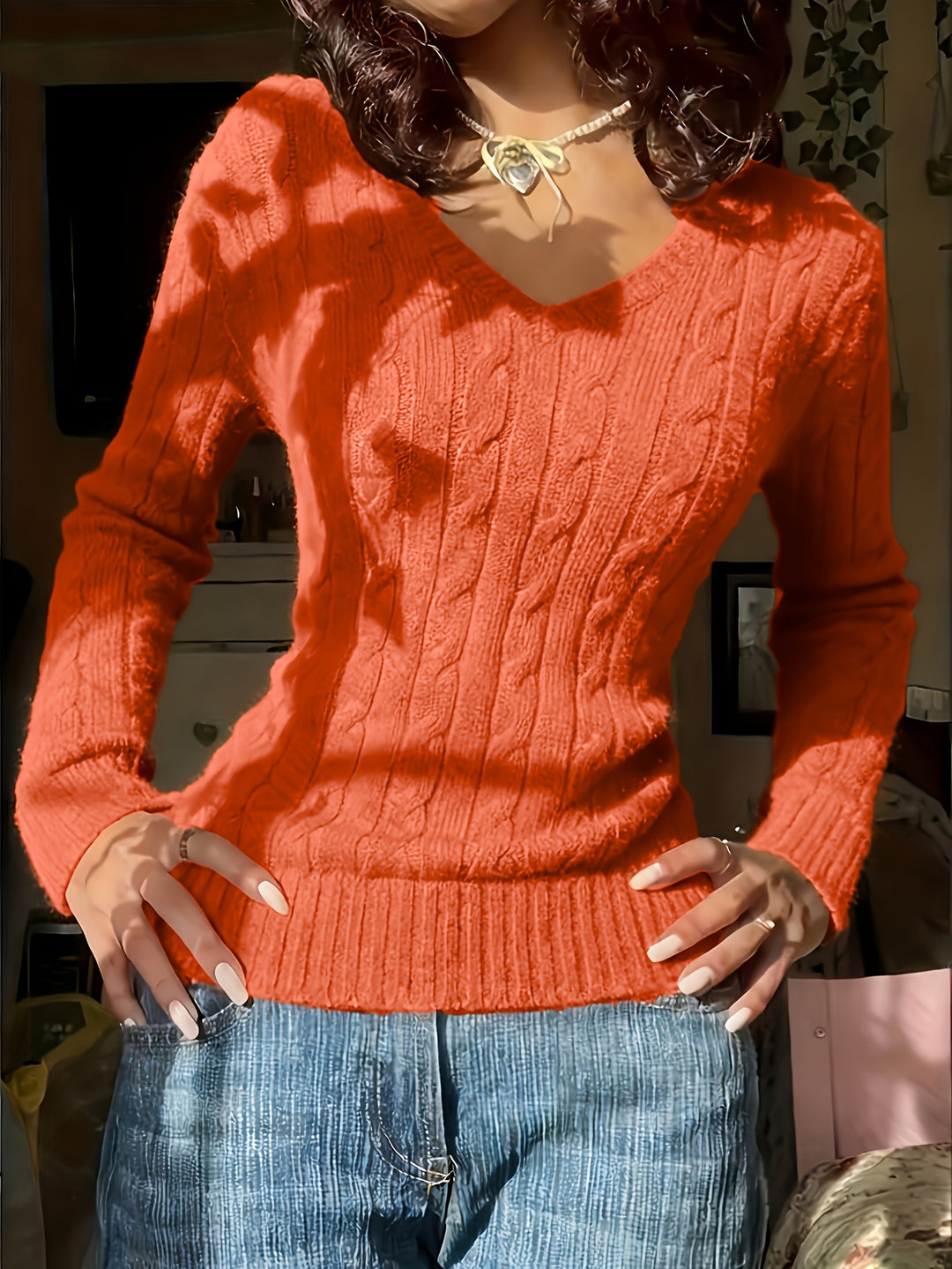Women's Fitted V Neck Cable Aran Jumper 5