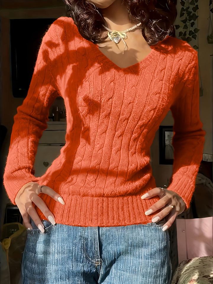 Women's Fitted V Neck Cable Aran Jumper 5