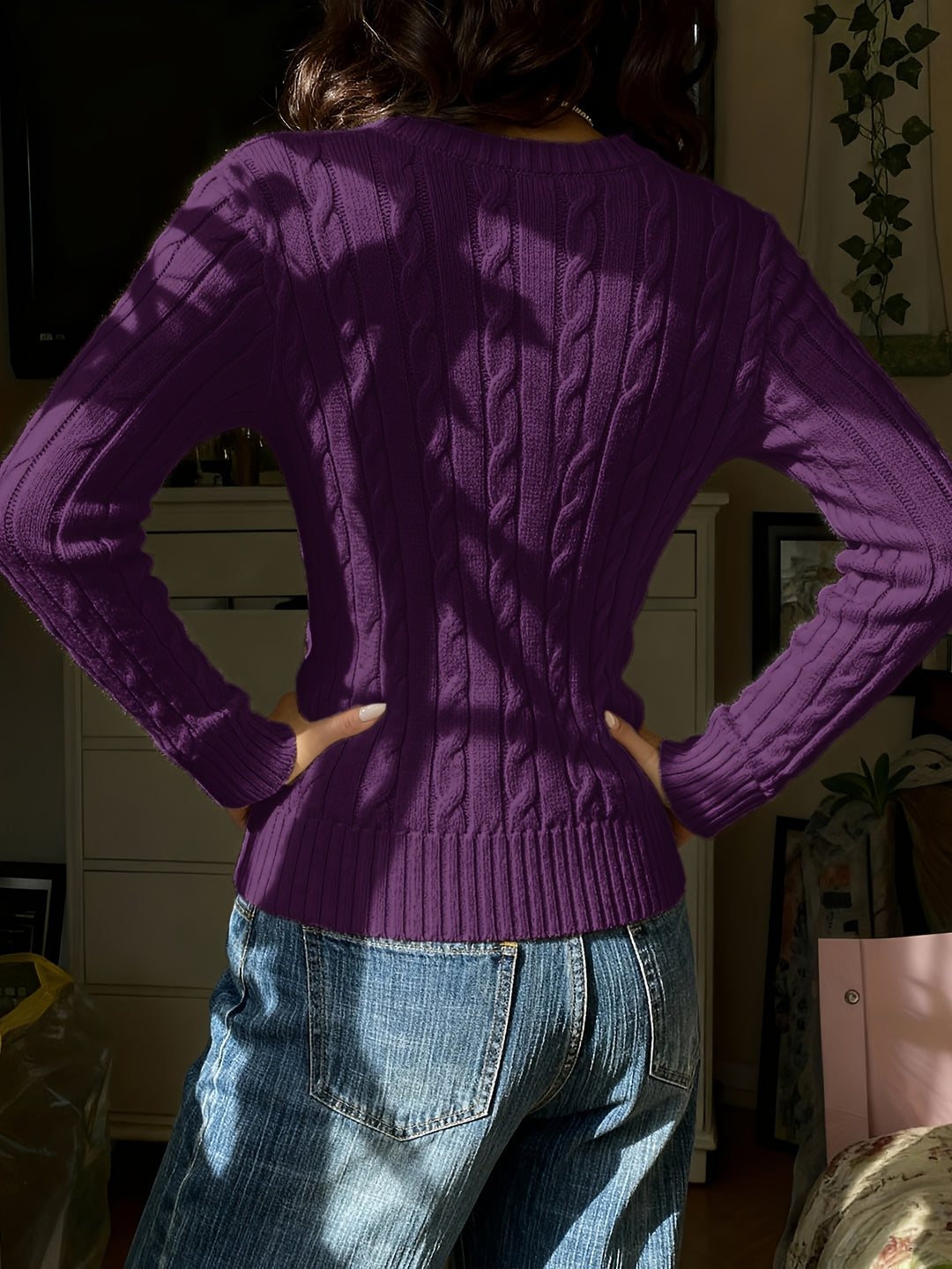 Women's Fitted V Neck Cable Aran Jumper 9