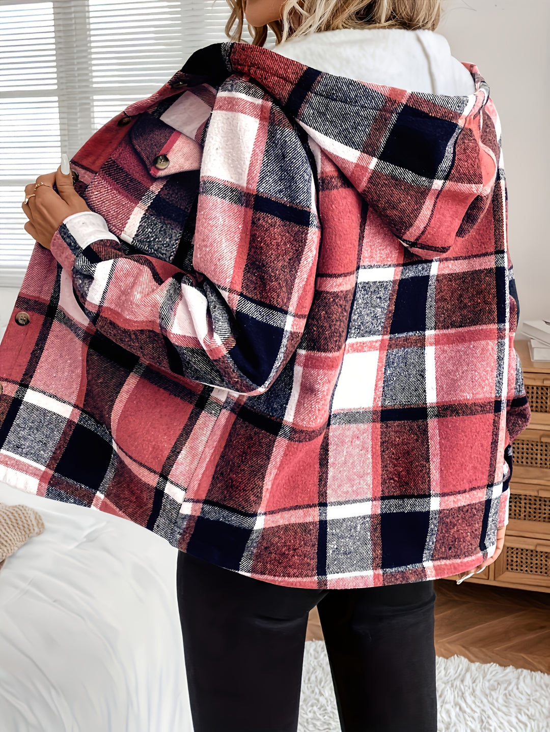 Women's Fleece Lined Hooded Plaid Shacket 7