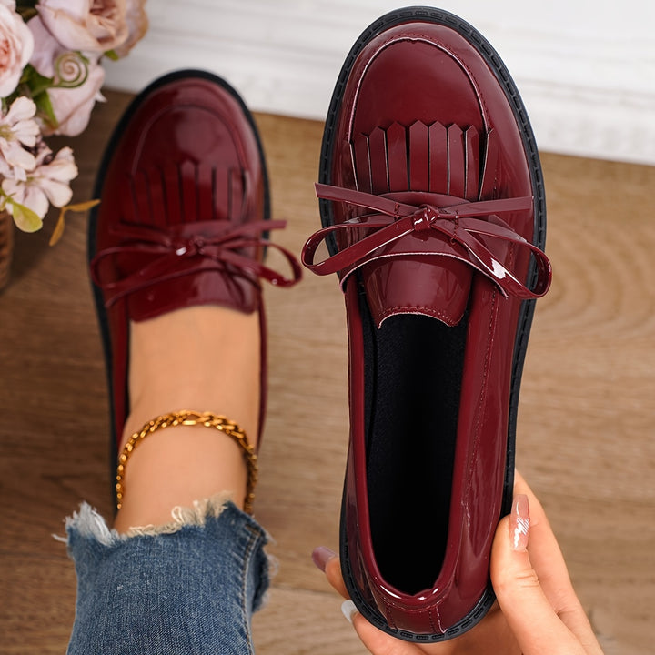 Women's Patent Tassel Bow Chunky Loafers 6