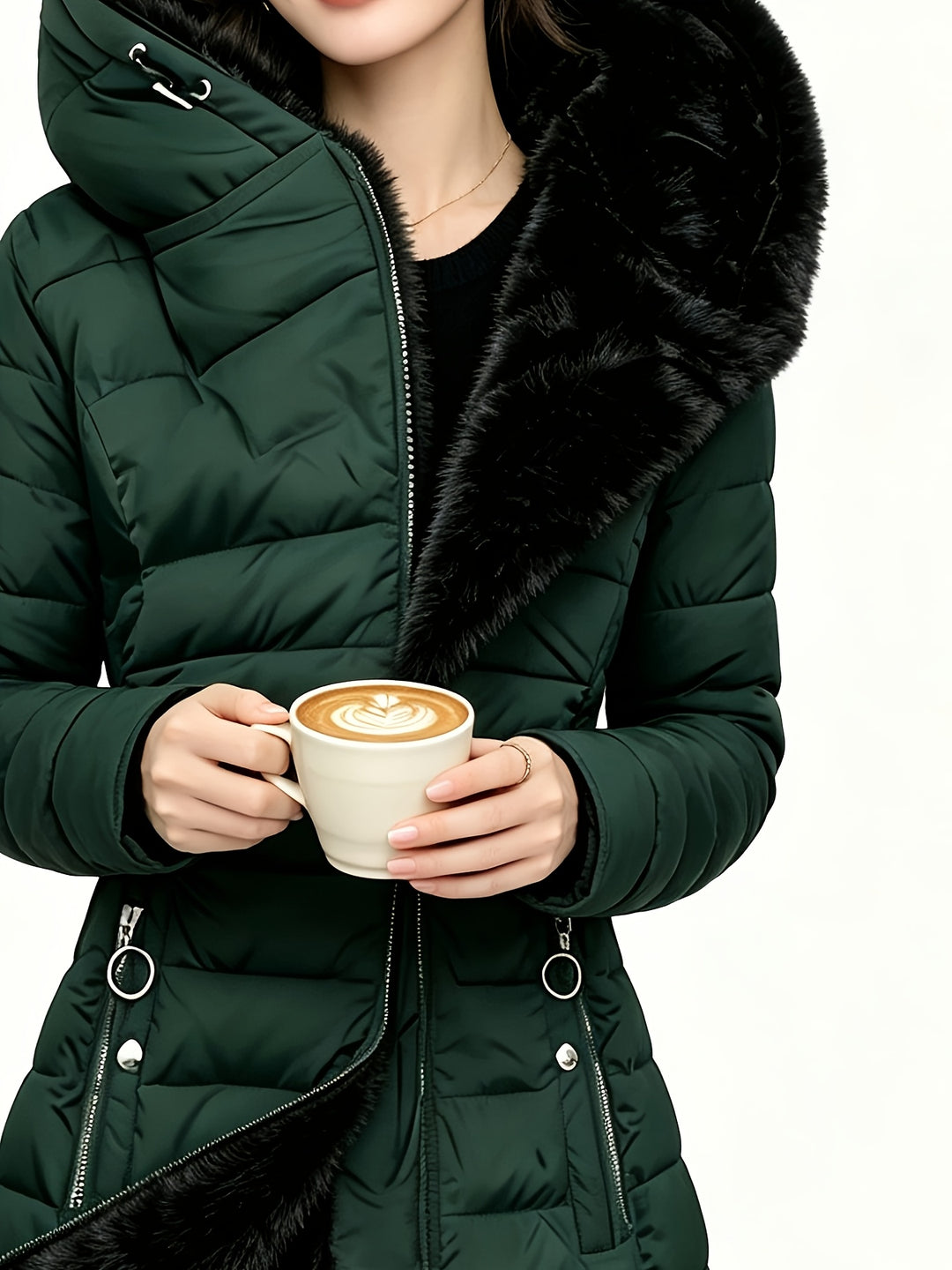 Women's Mid Length Fleece Lined Hooded Quilted Jacket 7