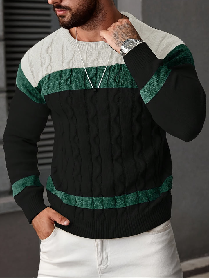 Men's Colour Block Crew Neck Cable Aran Jumper 2
