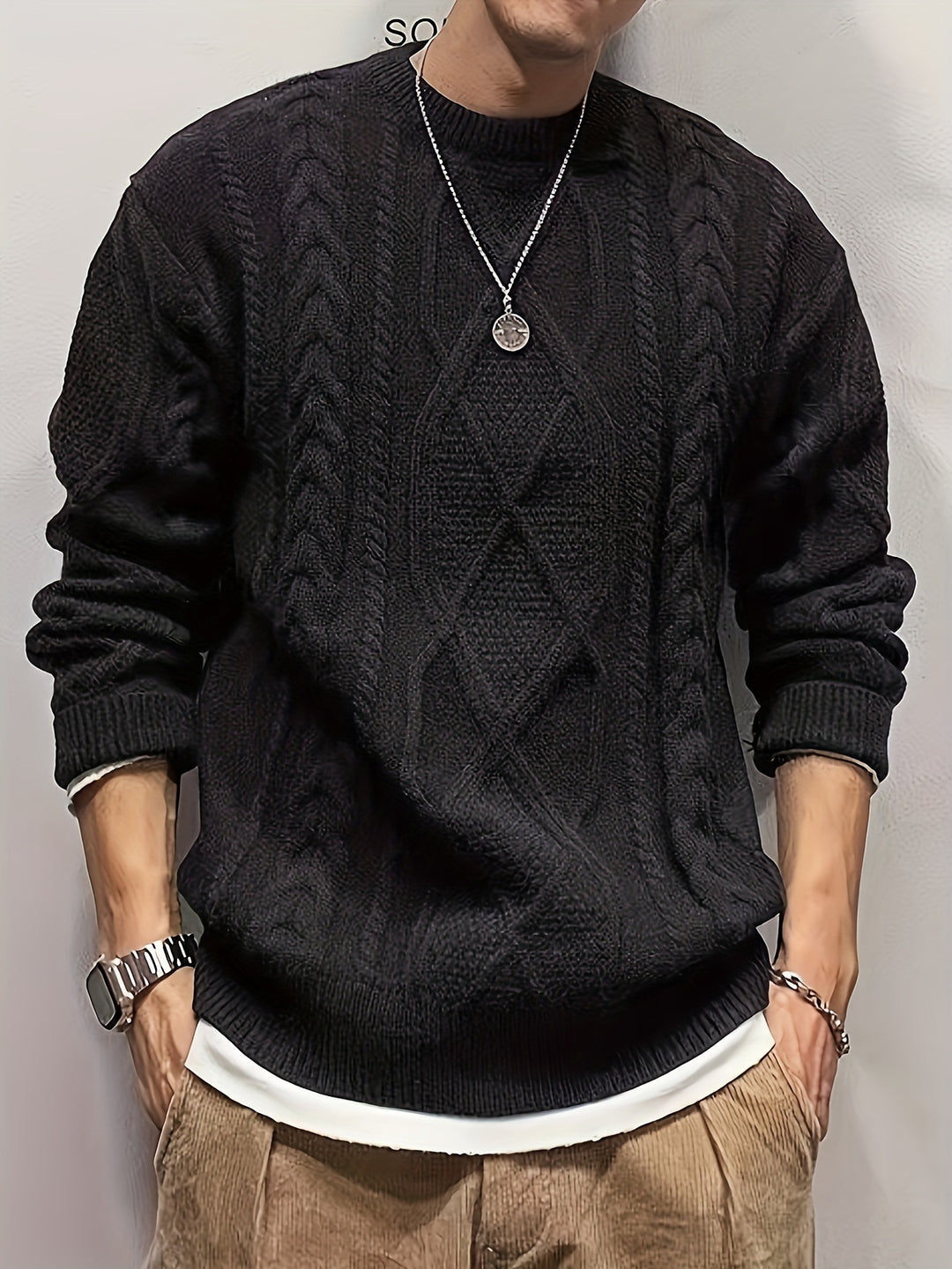 Men's Crew Neck Chunky Cable Aran Jumper 5