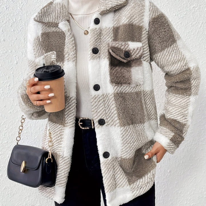 Women's Fluffy Plaid Button Up Fleece Shacket 13