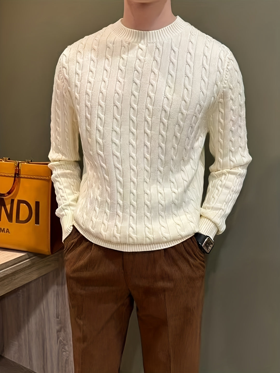 Men's Crew Neck Twisted Cable Aran Jumper 5