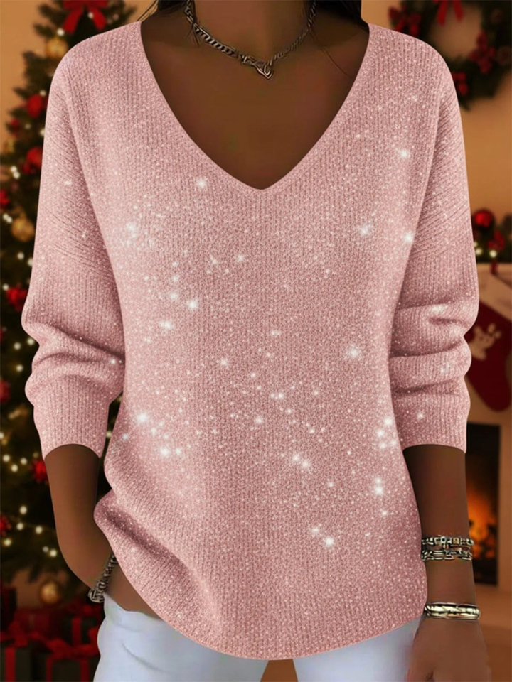 Women's Glitter V-Neck Christmas Jumper - Pink