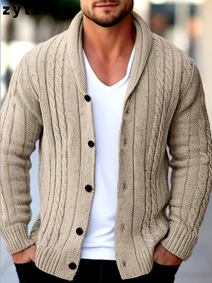 Men's Shawl Collar Button Up Cable Aran Cardigan 1