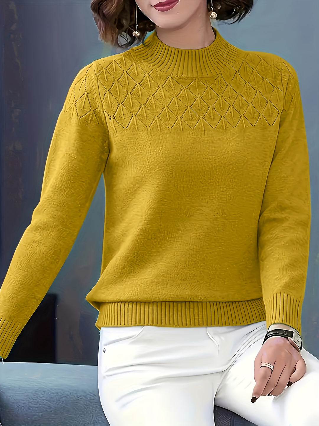 Women's Mock Neck Diamond Knit Aran Jumper 1