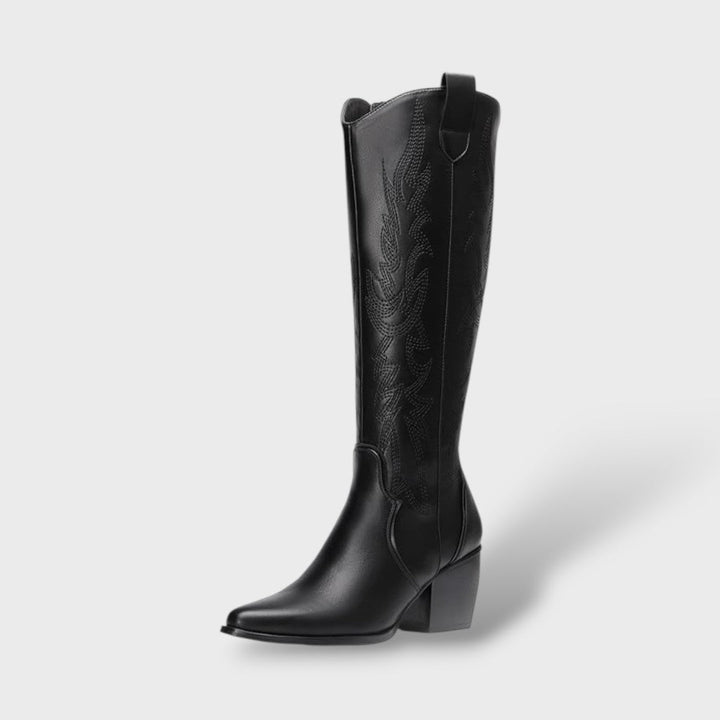 Women's Western Embroidered Knee High Heel Boots - Black