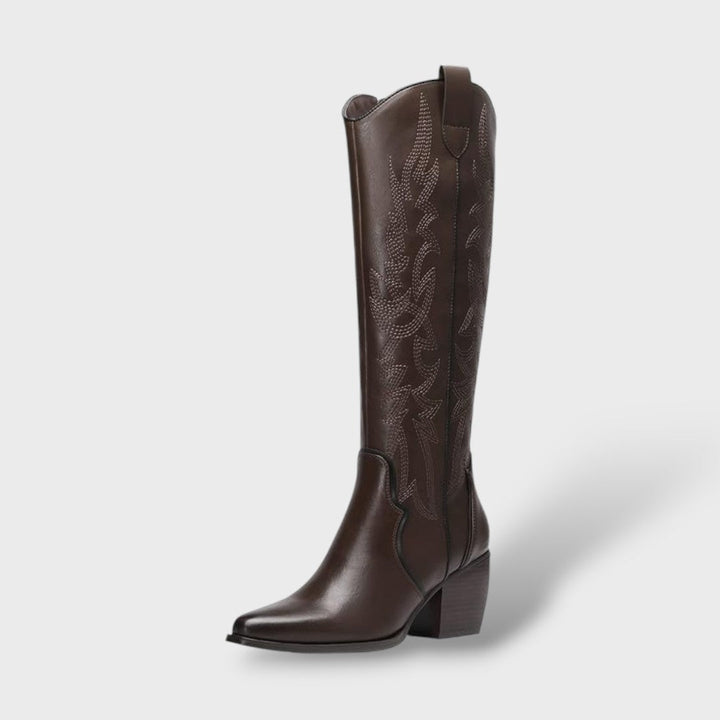 Women's Western Embroidered Knee High Heel Boots - Brown