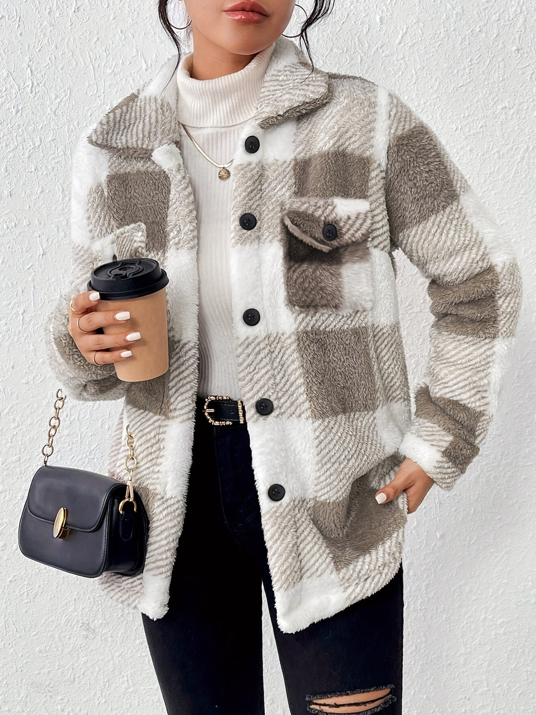 Women's Fluffy Plaid Button Up Fleece Shacket 3