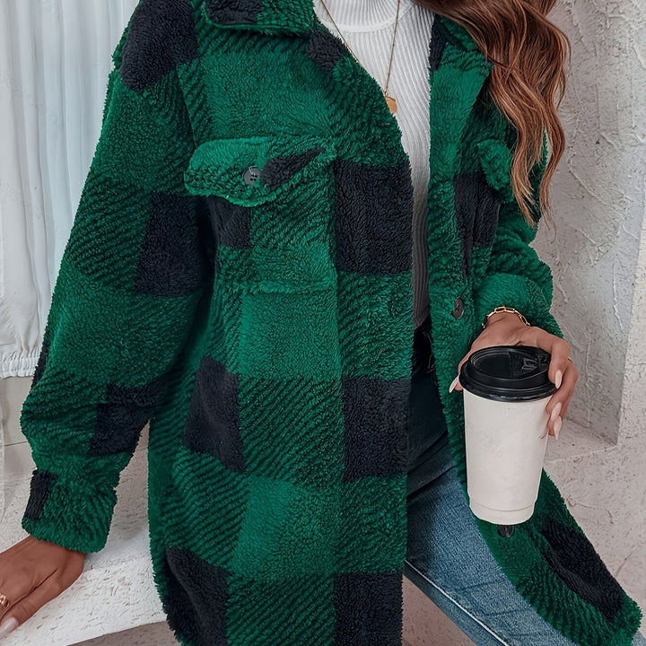 Women's Fluffy Plaid Button Up Fleece Shacket 15