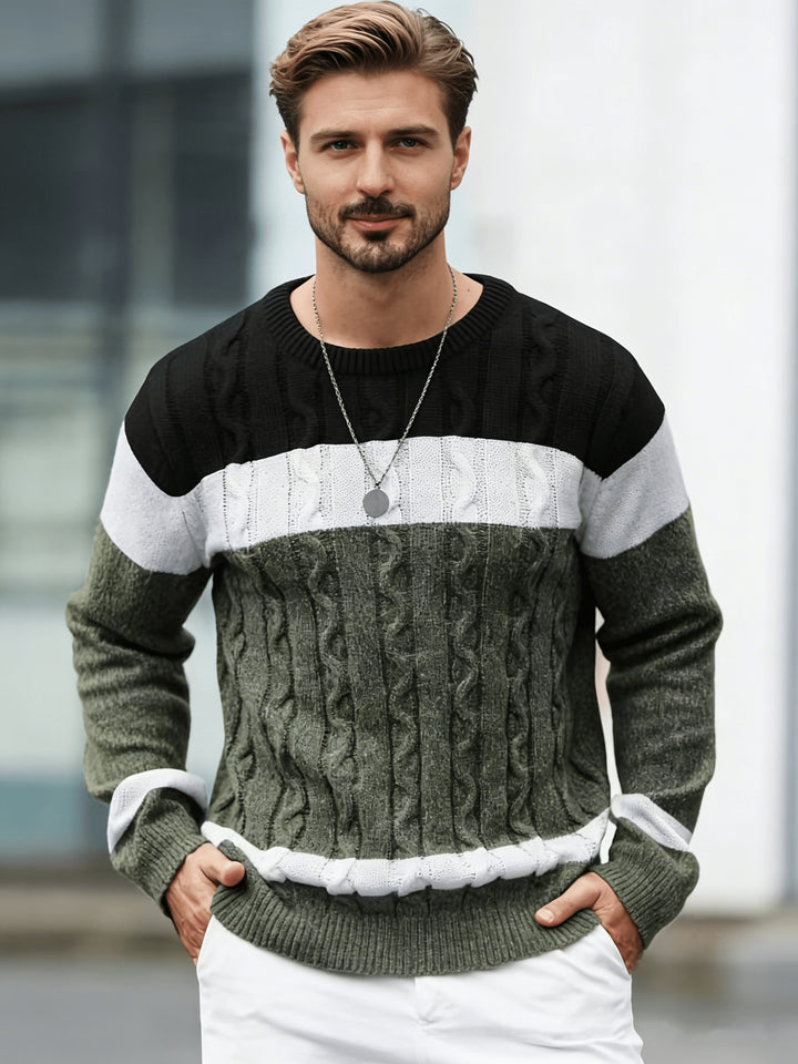 Men's Colour Block Crew Neck Cable Aran Jumper 3