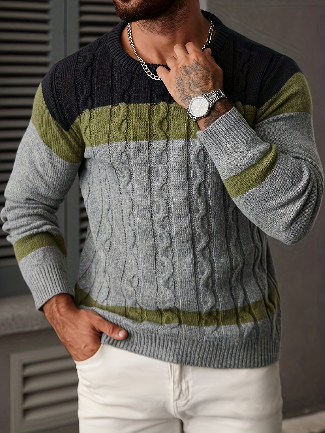 Men's Colour Block Cable Knit Aran Jumper 1
