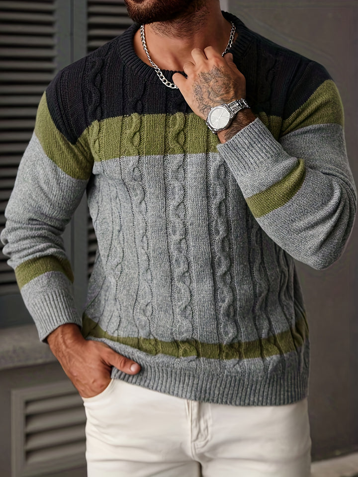 Men's Colour Block Cable Knit Aran Jumper 1