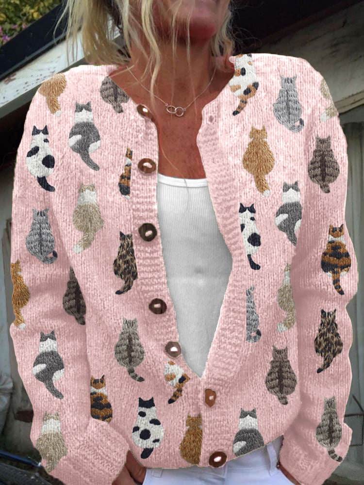Rós | Cat Print Cardigan with Wooden-Effect Buttons