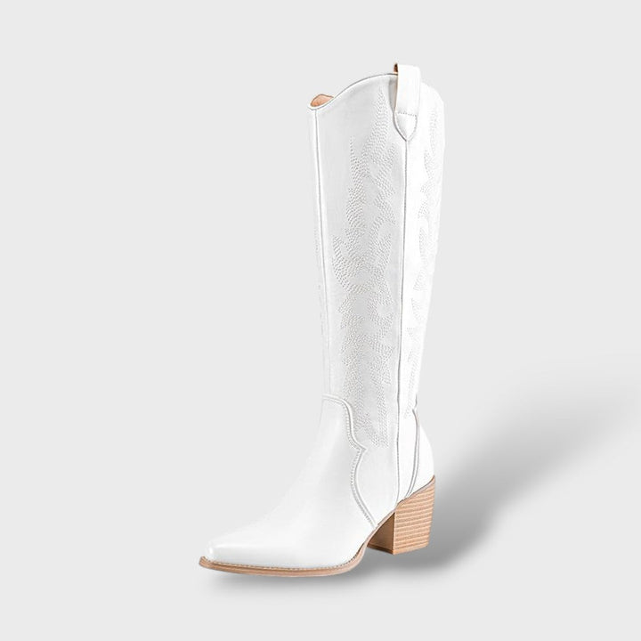 Women's Western Embroidered Knee High Heel Boots - White