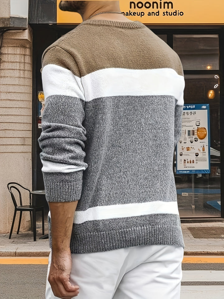 Men's Three Tone Colour Block Cable Aran Jumper 4