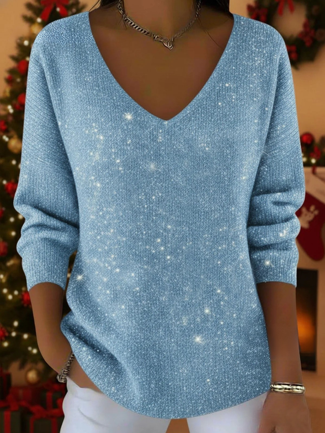Women's Glitter V-Neck Christmas Jumper - Blue